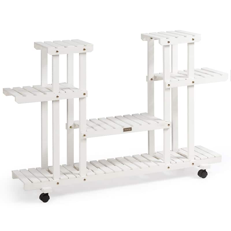 4 Tier Wooden Flower Stands Rolling Flower Plant Display Shelf - White
