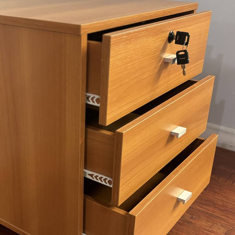 Three-Drawer Nightstand with Locking Top Drawer, Metal Handles, Light Cherry Finish