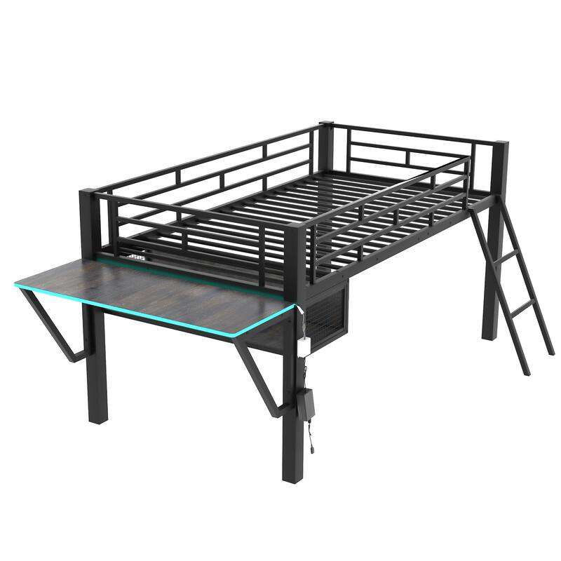 Gaming Mid Loft Bed with Desk and LED