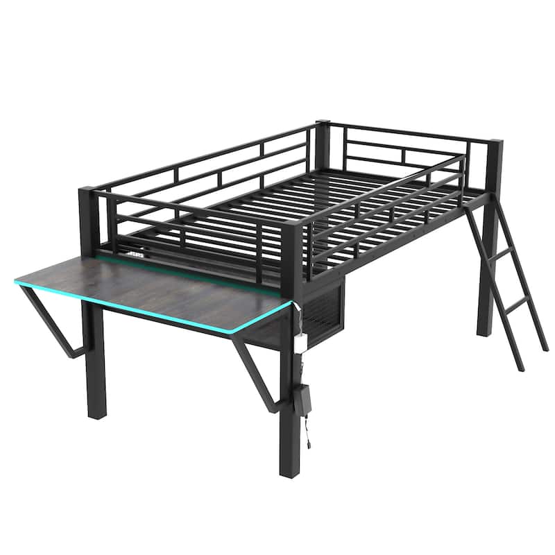 Roomfitters Twin Size Gaming Loft Bed with Study Desk and Modern Functional Design, Black