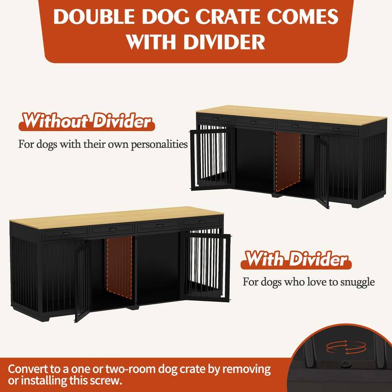 Wooden Double Dog Crates Indoor Furniture with Divider and 4 Drawers