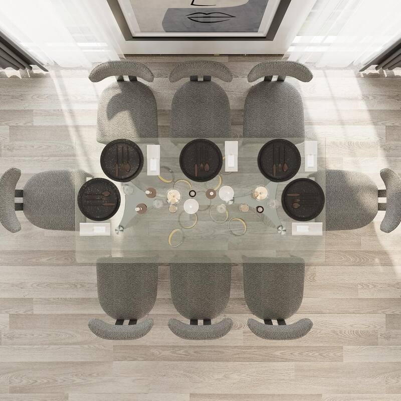 70 inch Clear Tempered Glass Dining Table Set with Grey Boucle Dining Chairs