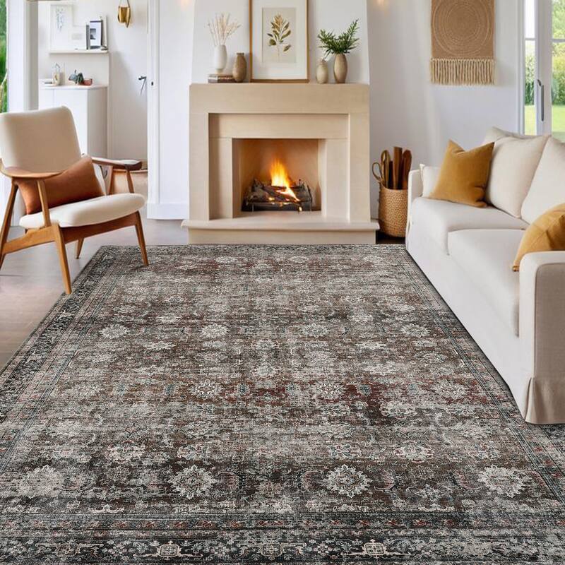 Area Rug Vintage Washable Floral Distressed Living Room Rugs, Soft Low Pile Non-Slip Rugs for Bedroom