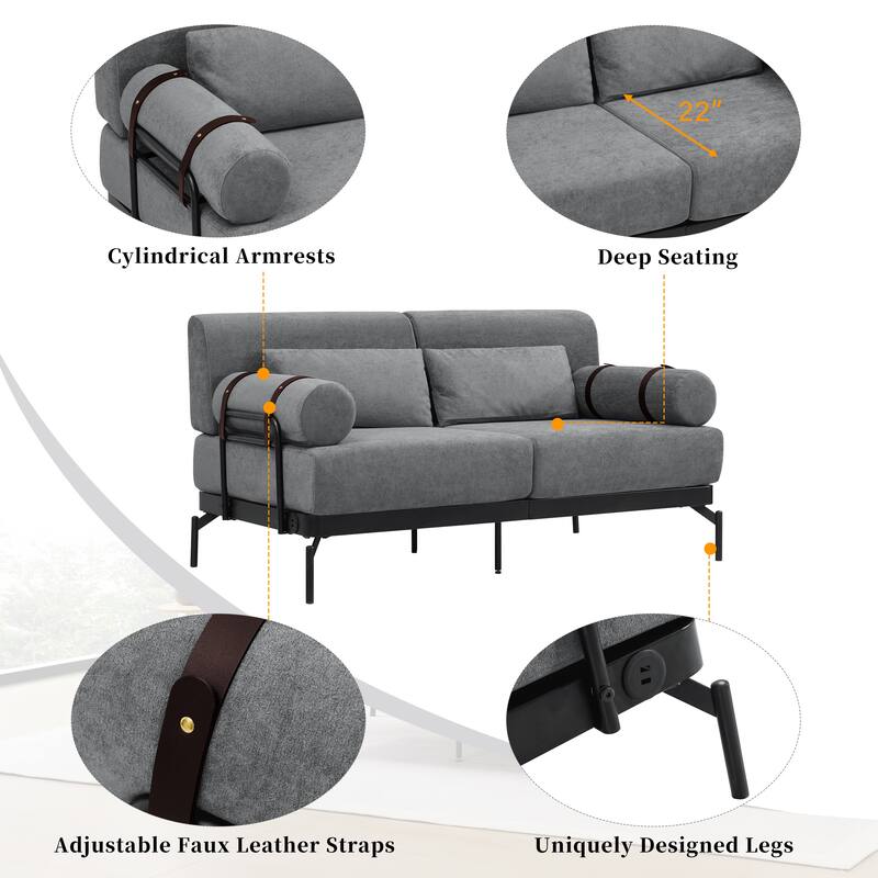 Chenille Loveseat Sofa, 59" 2 Seater Sofa with USB Ports, Round Arms, Adjustable Faux Leather Straps for Living Room