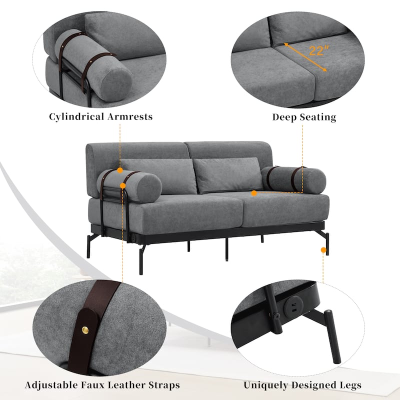 Roomfitters Loveseat Sofa with USB Ports and Cylindrical Armrests, 2-Seater Couch for Living Room
