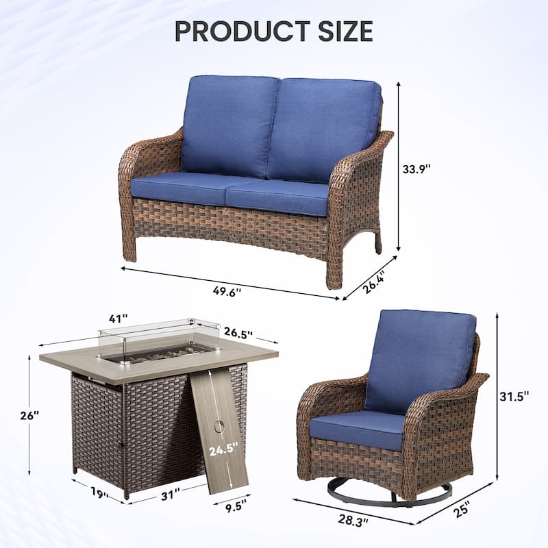 Pocassy Patio Loveseat Swivel Chairs with Fire Table Set