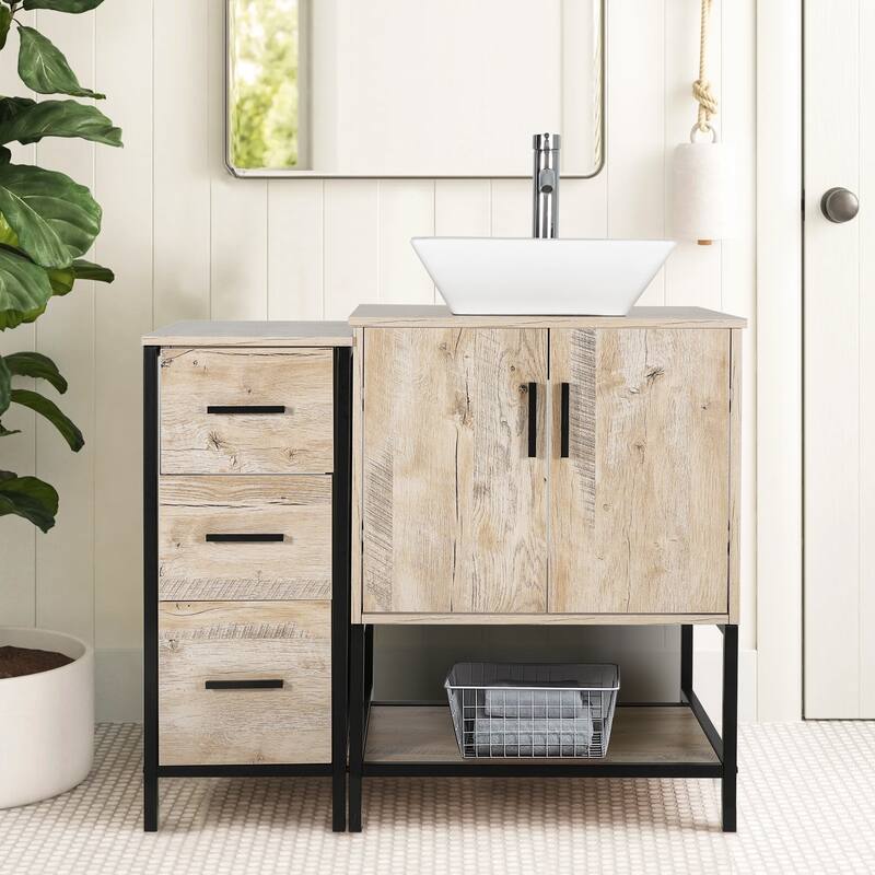 36" Bathroom Vanity Cabinet W/ Sink Faucet Drain Set Top Side Cabinet Combo - white ceramic square sink
