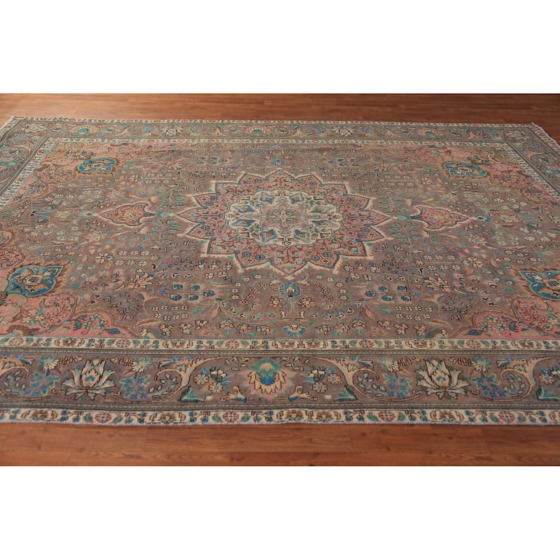 Brown Floral Tabriz Persian Rug Traditional Hand-Knotted Wool Carpet - 8'2"x 11'7"