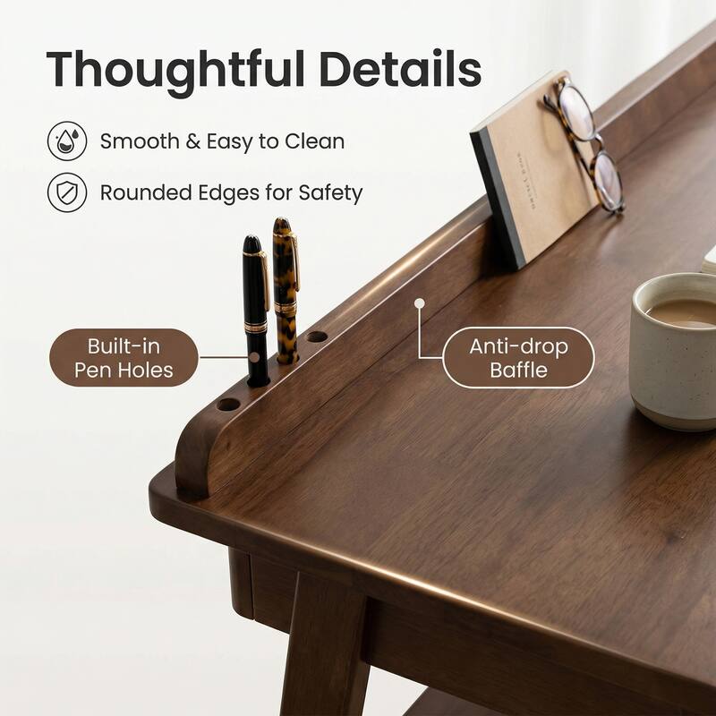 Anmytek Mid Century Modern Walnut Solid Wood Writing Desk with Drawers and Storage Shelf