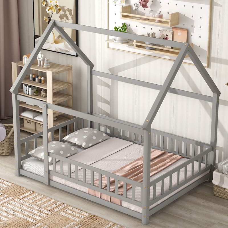 Floor Wooden Bed with House Roof Frame, Fence Guardrails - Grey - Full
