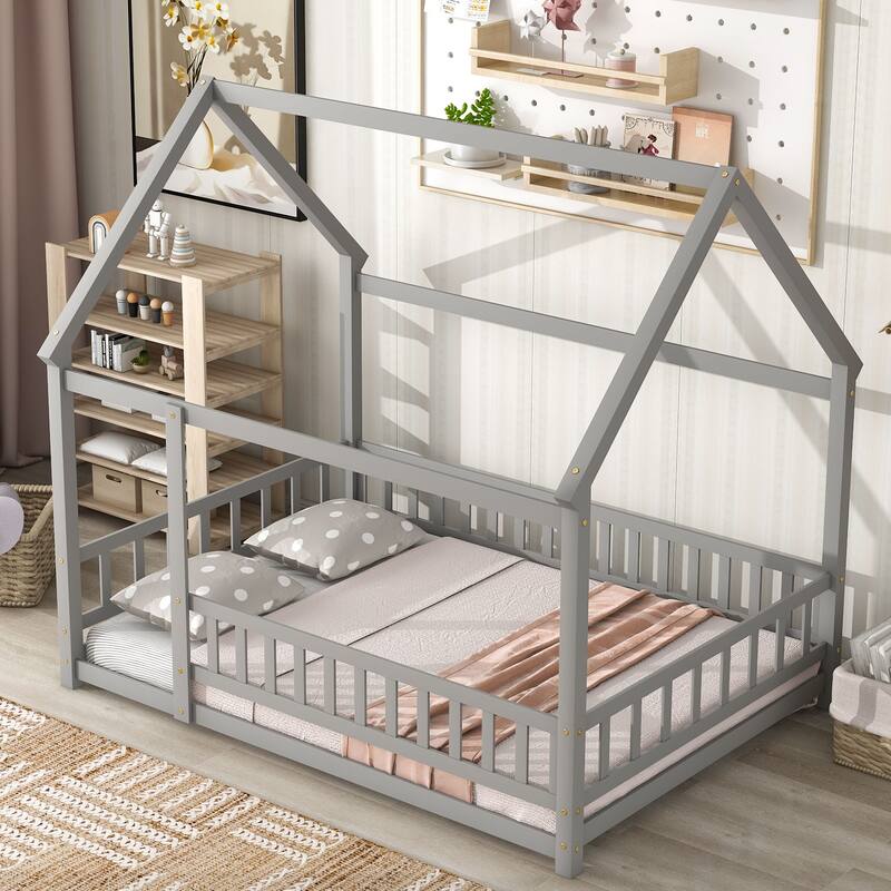 Full Size Wooden House Roof Frame Floor Bed with Fence Guardrails, Grey