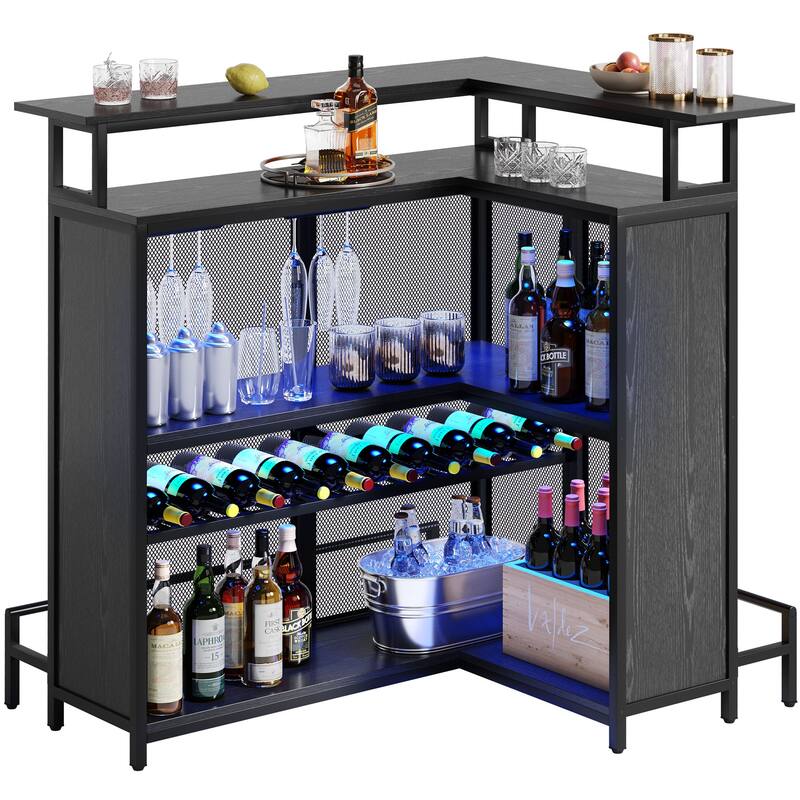 Moasis Home Bar Unit L-shape Liquor Bar Table with 2-Tier Storage and Shelves - Black