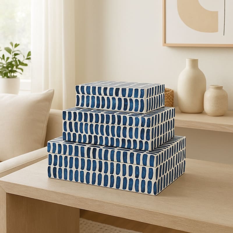 Decorative Boxes with Lid - Set of 3, 10", 11", 12", Blue & White - 12.0" - Blue/ White - 12.0"