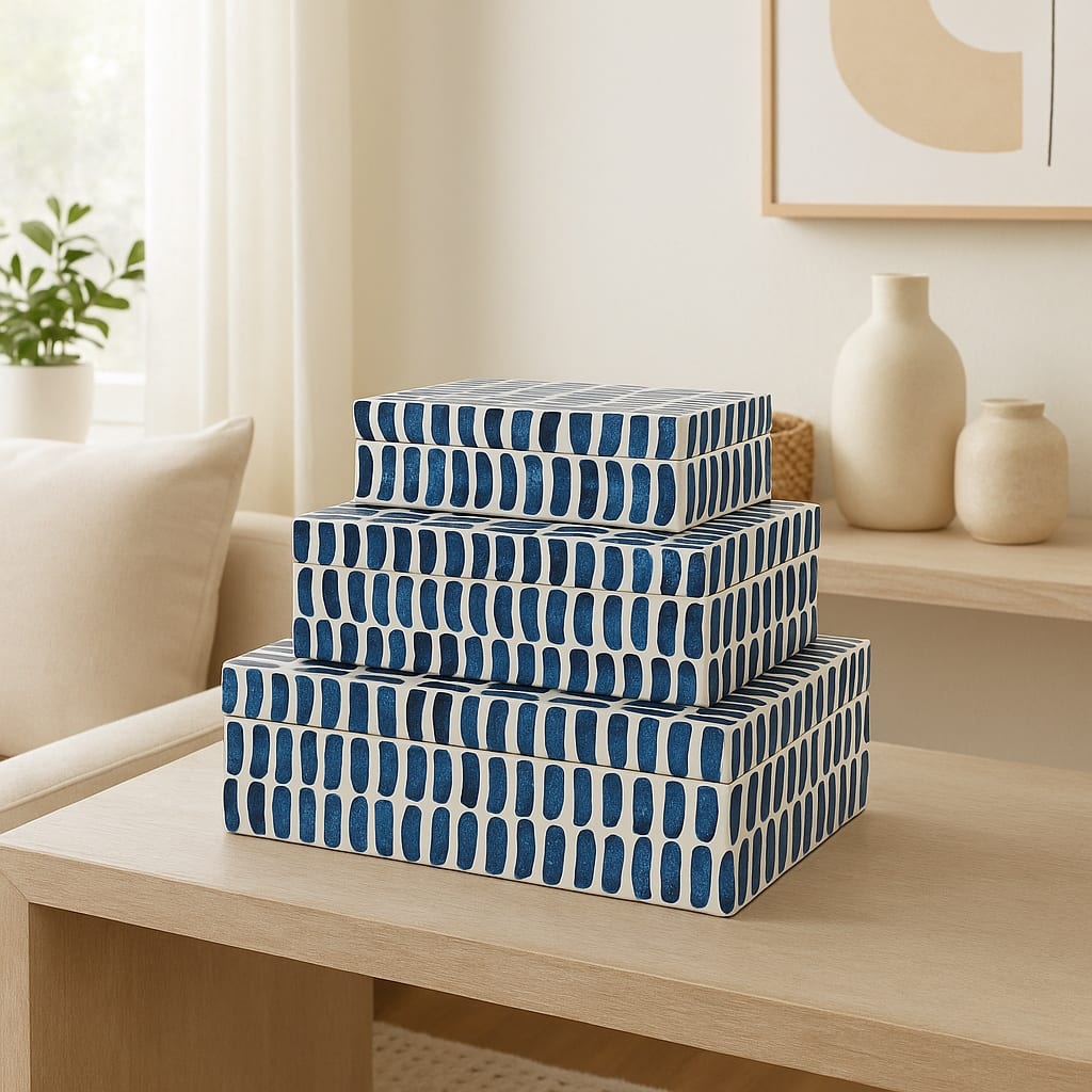 Decorative Boxes with Lid - Set of 3, 10", 11", 12", Blue & White - 12.0"