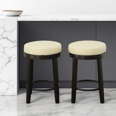 HomeRoots Set of Two 24" Cream and Espresso Faux Leather and Solid Wood Backless Counter Height Swivel Bar Chairs