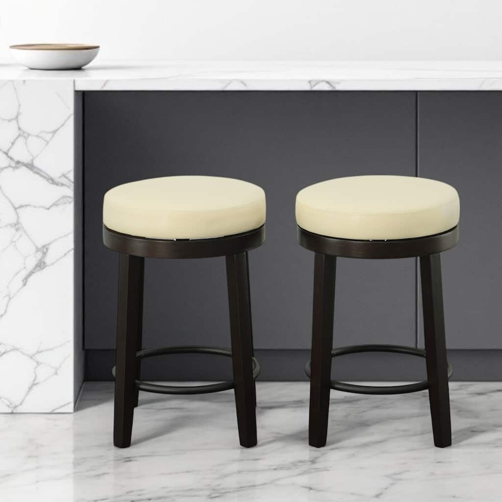 HomeRoots Set of Two 24" Cream and Espresso Faux Leather and Solid Wood Backless Counter Height Swivel Bar Chairs