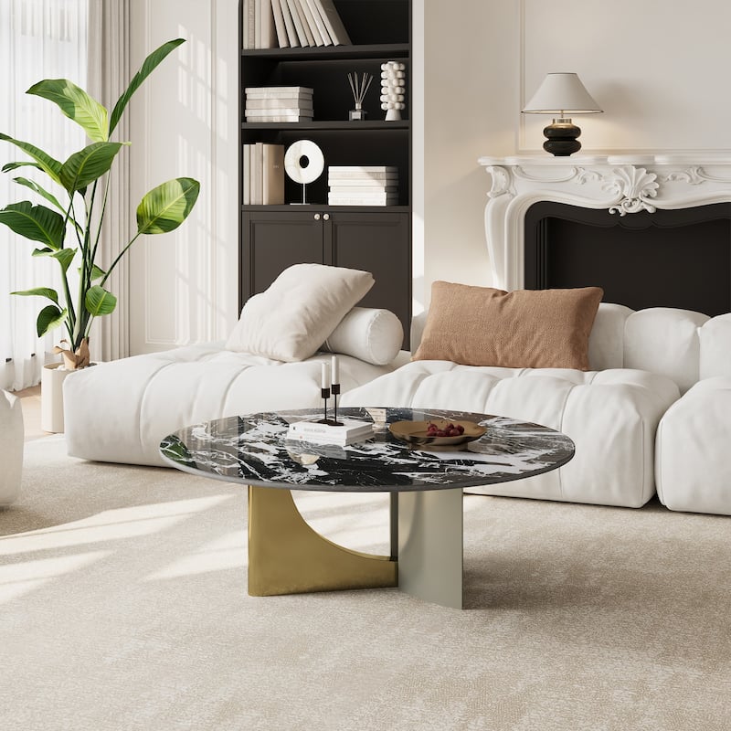35.43" Modern Black Round Coffee Table, Glossy Faux Marble table top, Gold Stainless Steel Legs