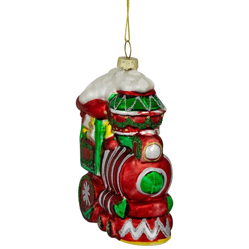 Glittered Train Christmas Glass Hanging Ornament - 4.5" - Red and Green