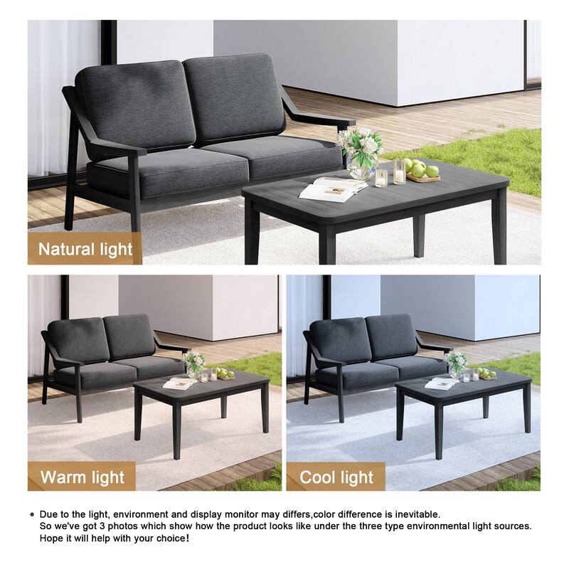 Outdoor Wood Teak Cushioned Patio 2 Seater Loveseat with Coffee Table