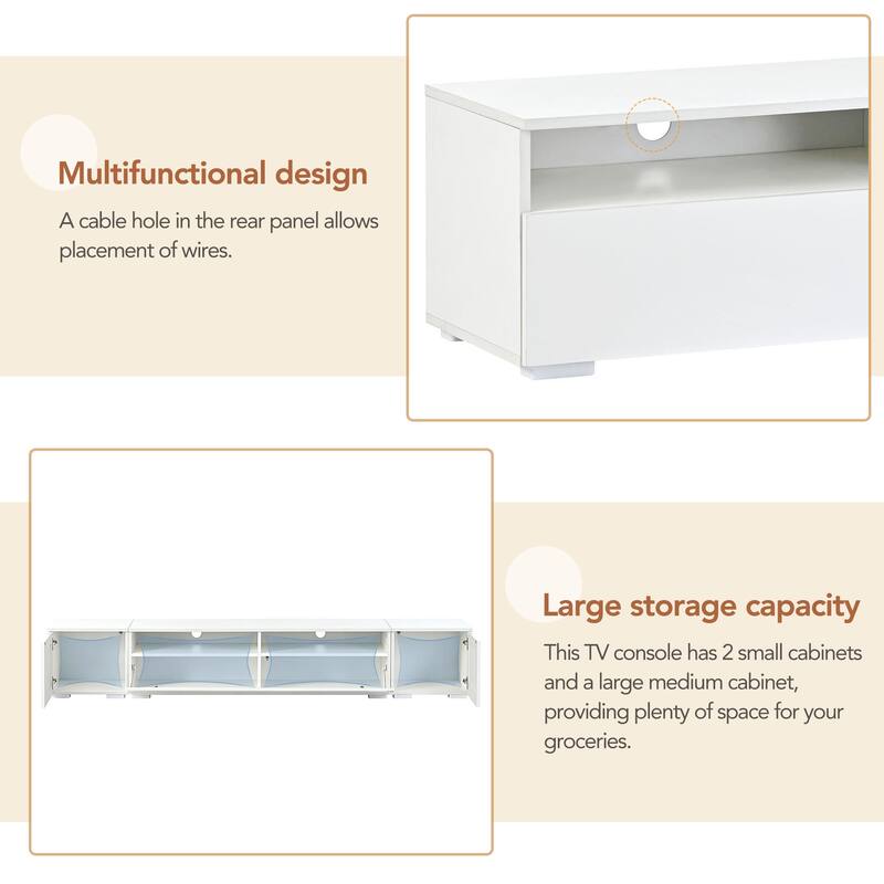 3-Piece Extended TV Stand with Color-Changing LED Lights - Rattan Style, Push-to-Open Doors, 82" Entertainment Center