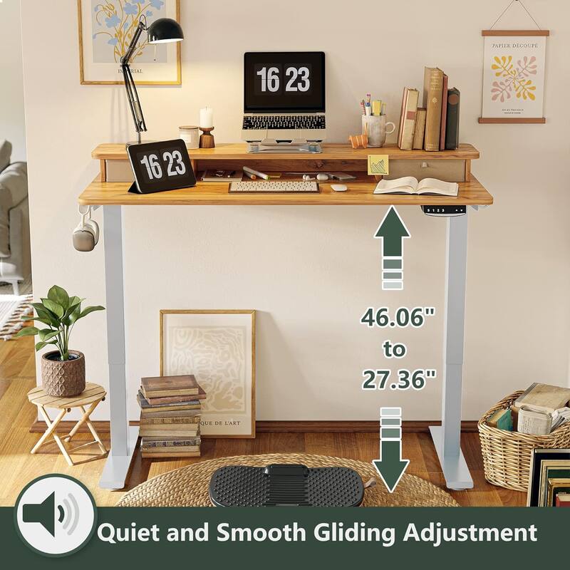 FEZIBO Height Adjustable Electric Standing Desk with Double Drawer, Stand Up Desk with Storage Shelf, Sit Stand Desk