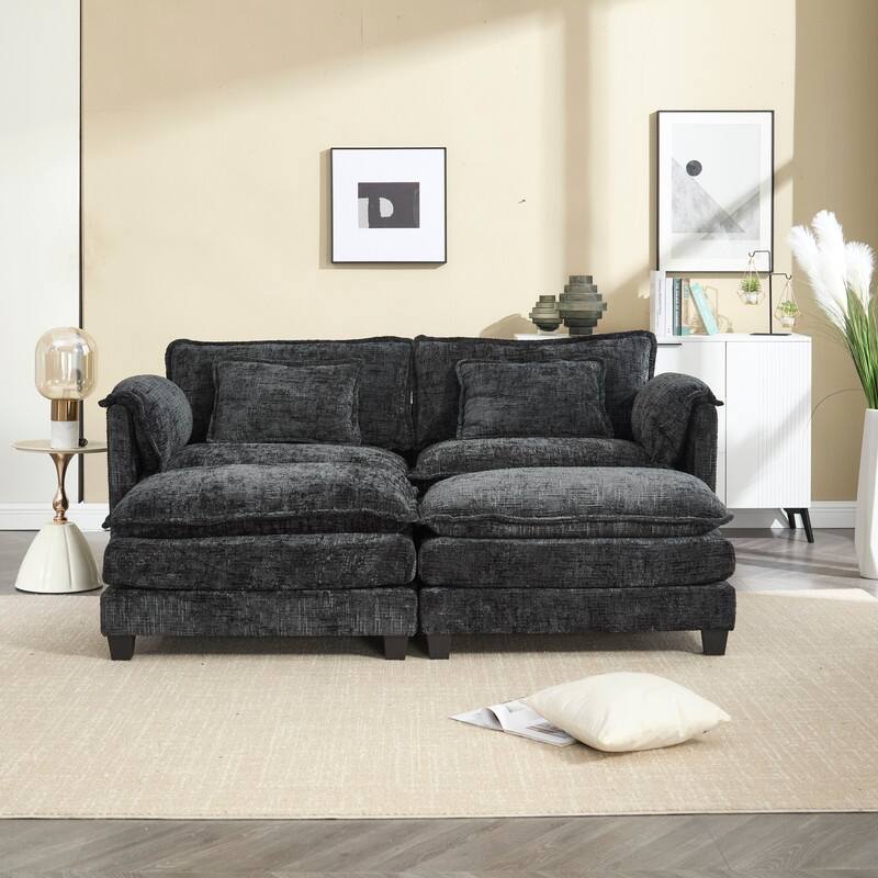 76.77" Chenille Upholstered Sofa with 2 Ottomans - Black