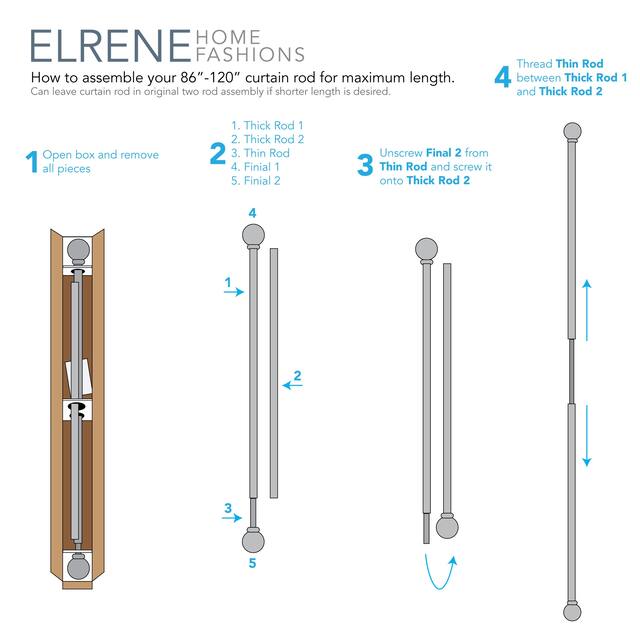 Elrene Serena Adjustable Window Curtain Rod and Cap Shaped Finial