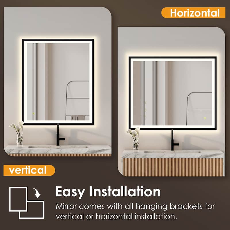 Apollo Rectangular Anti-Fog Dimmable Modern Bathroom/Vanity LED Lighted Wall Mirror in Matte Black Aluminum Framed