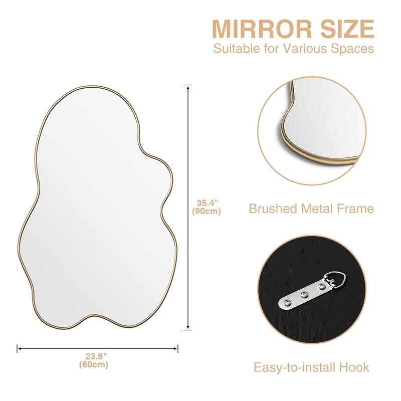 Anmytek Modern Gold Irregular Asymmetrical Wall Mirror - 35.4"x23.6" Decorative Mirror for Bathroom, Living Room, Bedroom