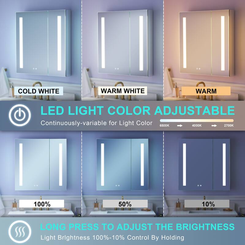 Recessed or Surface 30" H LED Mirror Cabinet with Adjustable Glass Shelves,Defogger, Dimmer And Outlets & USB Ports