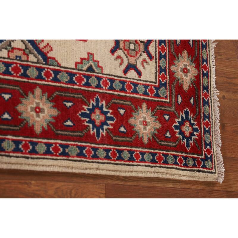 Ivory Geometric Kazak Oriental Accent Rug Hand-Knotted Wool Carpet - 3'7"x 5'0"