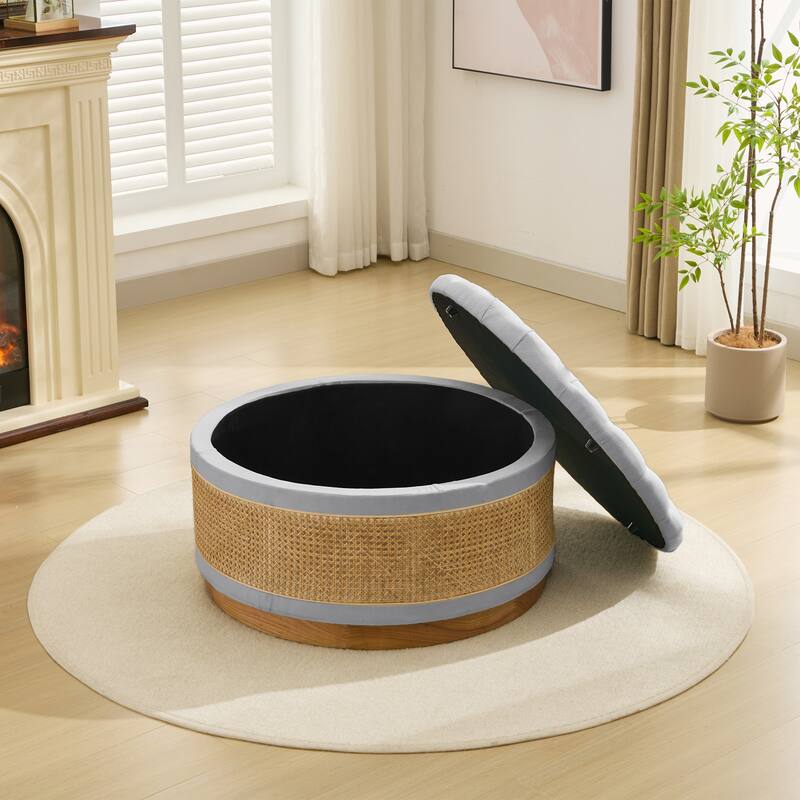 Linen & Rattan Round Storage Ottoman, Button-tufted Upholstery