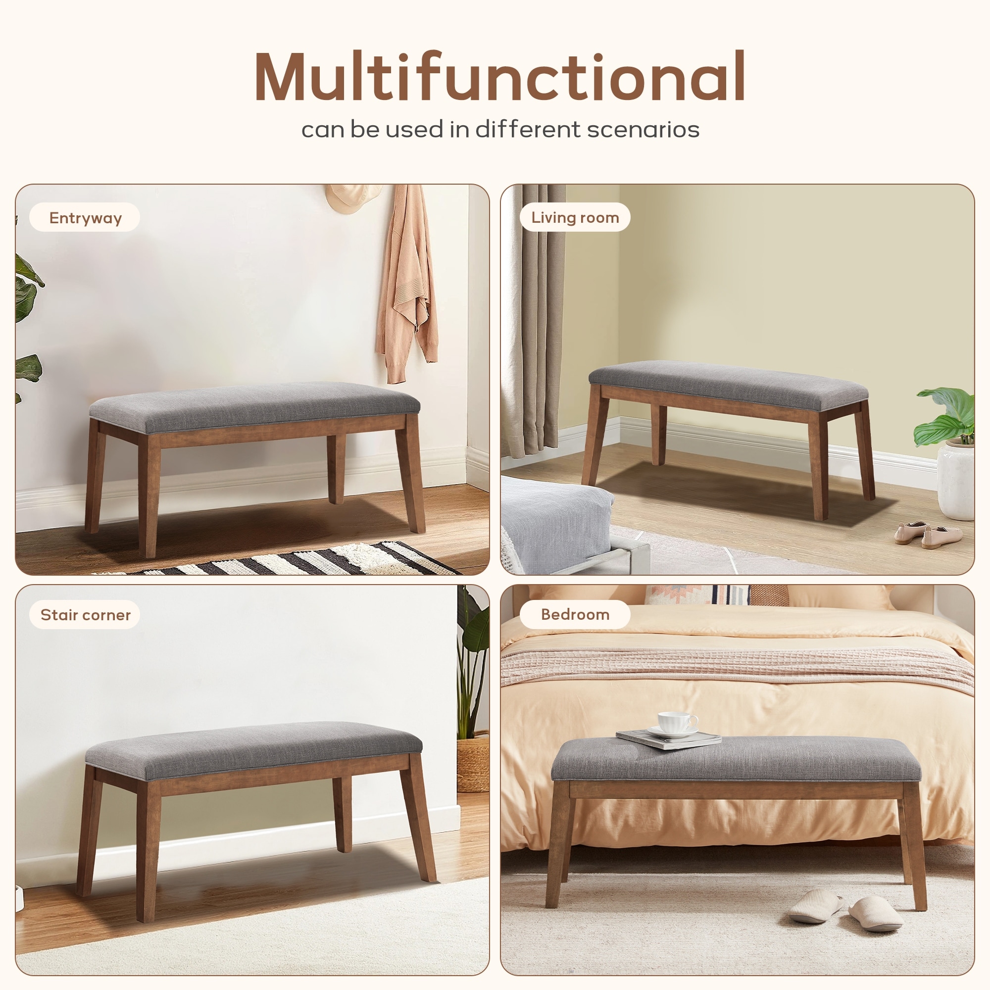 HUIMO Upholstered Fabric Entryway Bench, Bedroom Bench for End of Bed Beige, Solid Wood 44-inch