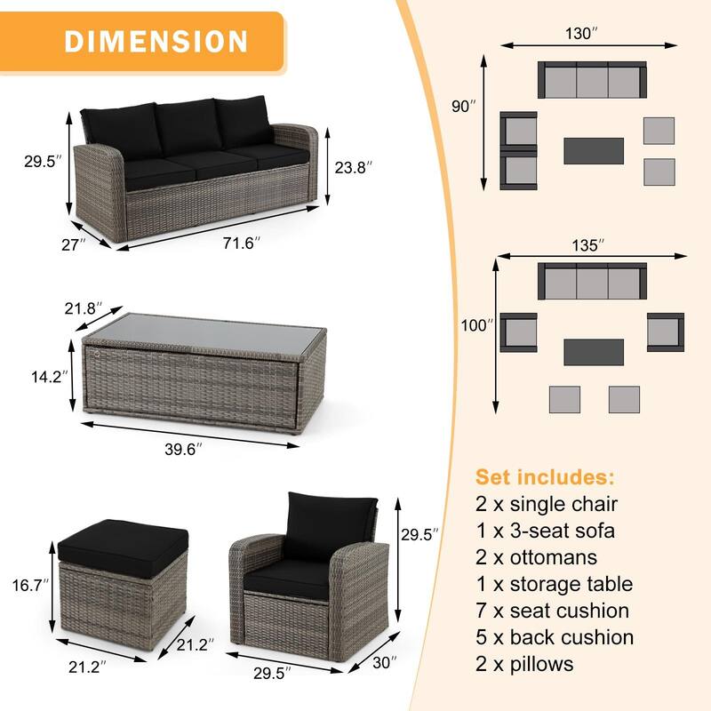 6-Piece Rattan Patio Set with Fire Pit Table, Outdoor Conversation Set with Cushions, Weather-Resistant Sofa Sectional