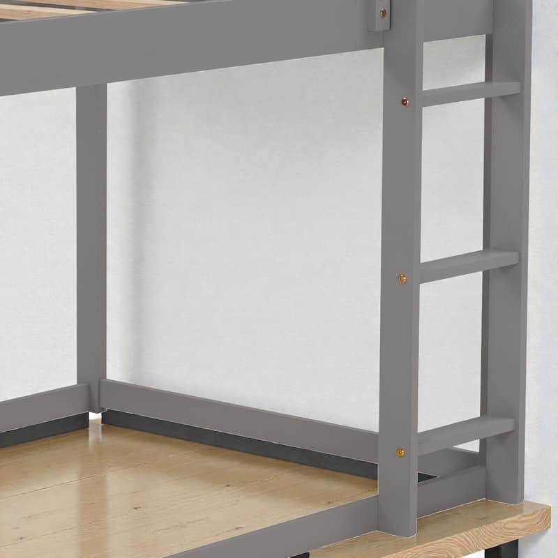 Twin over Twin Low Bunk Bed House Frame with Ladder, Kids Wooden Bunk Bed, Pine Wood and MDF, No Box Spring