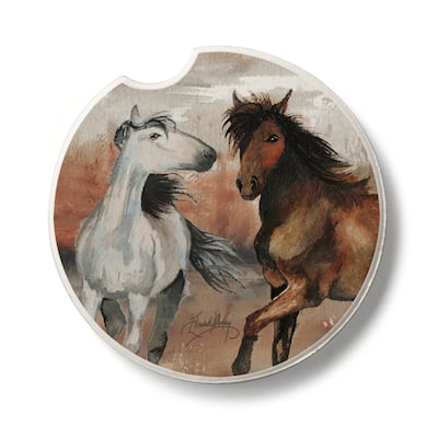 Southwest Horses 2 Pack Absorbent Stone Coaster for Vehicle Cup Holder 2.6” Diameter Manufactured in The USA