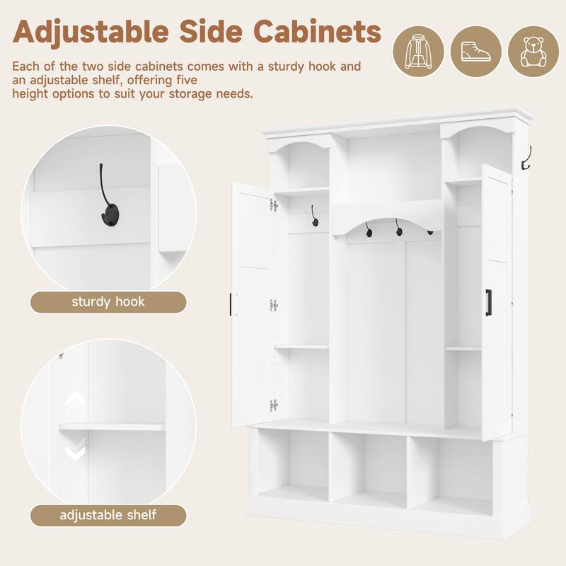 Modern Hall Tree with Adjustable Shelves Dual Cabinets Bench Entryway Organizer