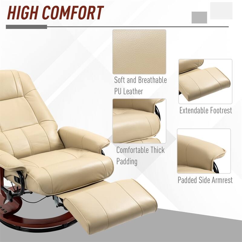Swivel Leather Manual Recliner with Armrest and Extendable Footrest
