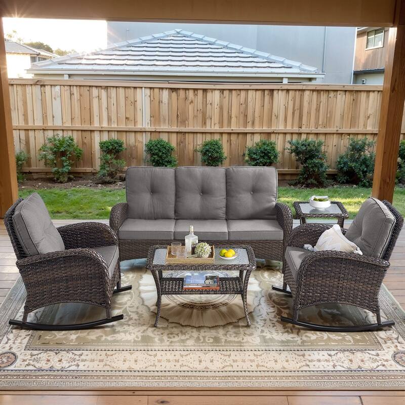 Gymojoy Outdoor Wicker Patio Furniture Sofa Set - Luxurious Comfort, Weather-Resistant - 5-Piece - Sofa & Rocking Chairs - Brown Wicker / Grey Cusion