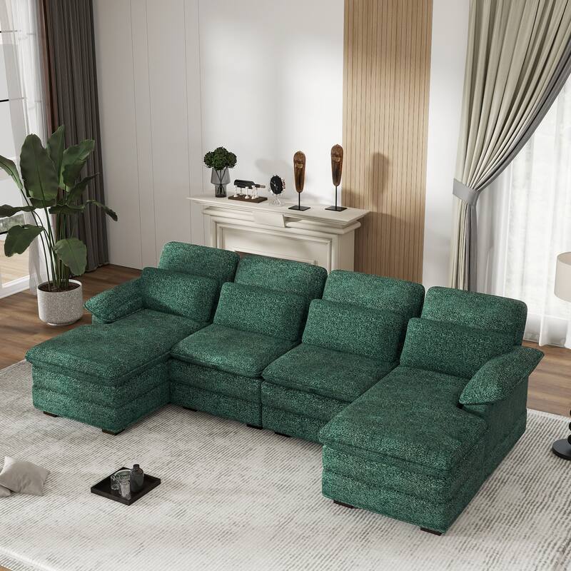 U-Shaped 111.8" Cloud Combo Sofa 4-Seater Chenille Fabric Sofa with Arms