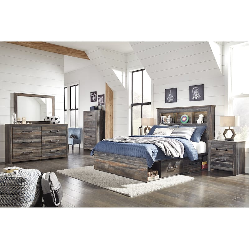 Drystan Rustic Brown Bookcase Bed with 2 Under Bed Storage Drawers
