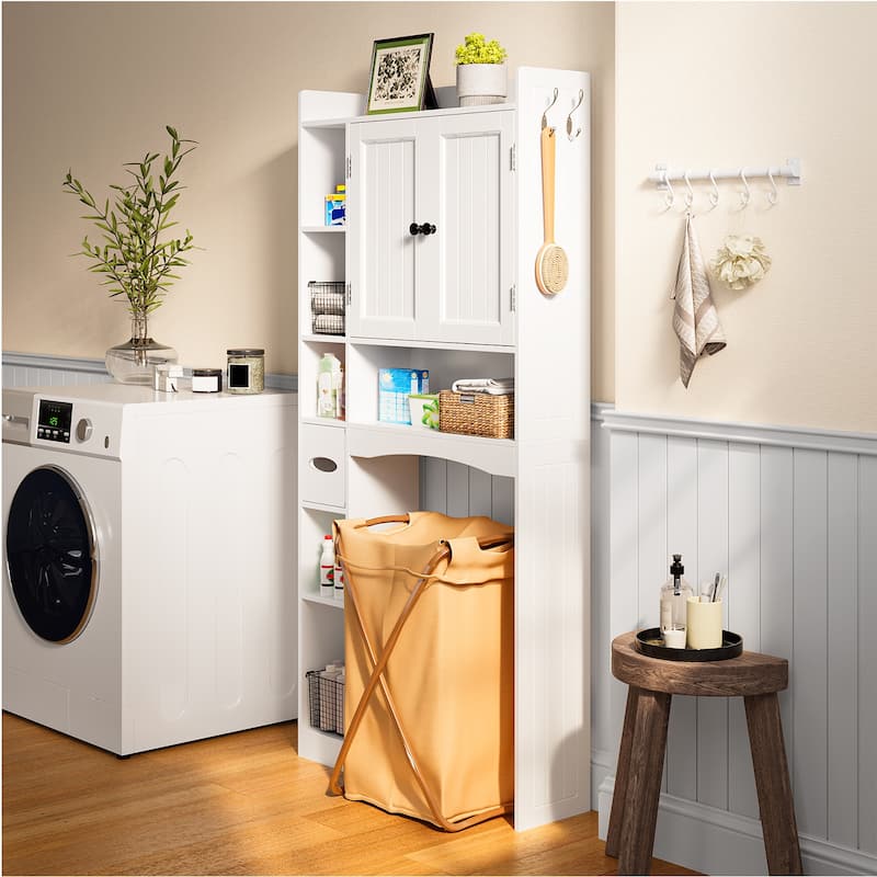 66''H Over The Toilet Storage Cabinet, Bathroom Storage Organizerwith 2 Doors, Paper Holder and Racks, Adjustable Shelf
