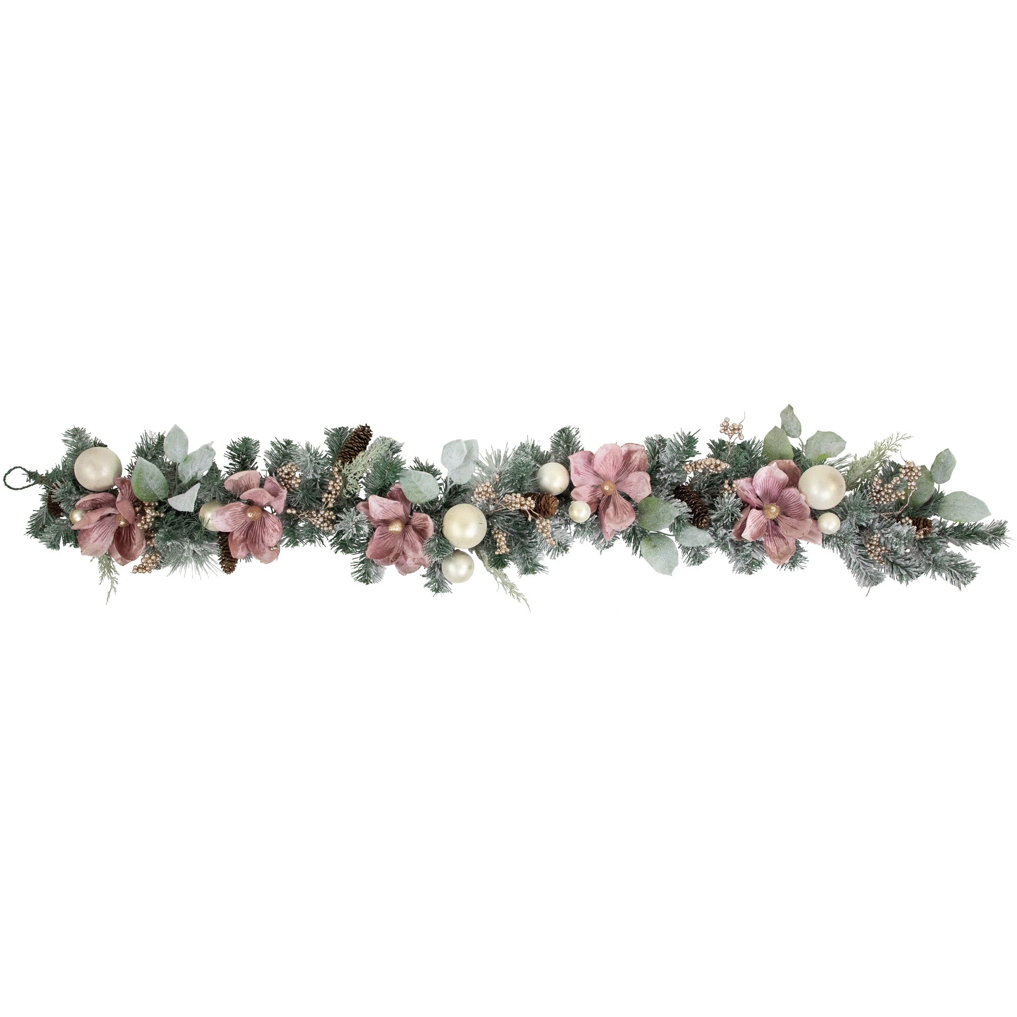 6' Pink Floral and Ball Ornament Frosted Pine Artificial Christmas Garland