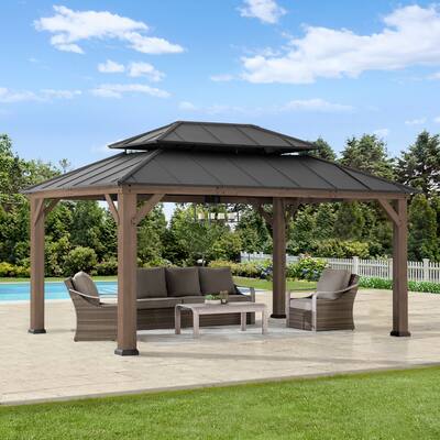 Sunjoy 12x16 ft. Cedar Framed Wood Gazebo, Outdoor Patio Steel Hardtop Gazebo, Suitable for Patios, Lawn, and Backyard