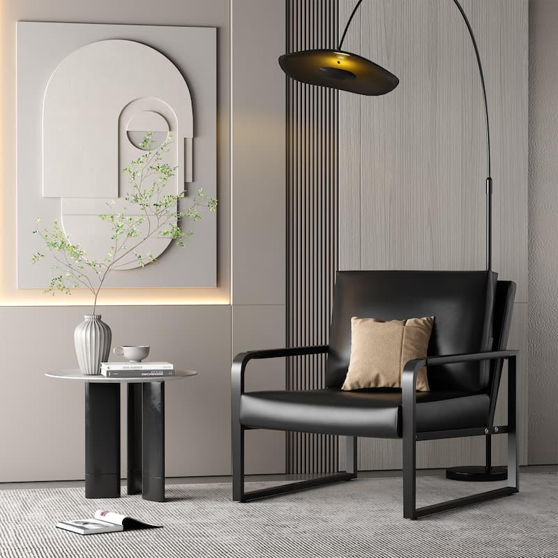 Mieres Mid-Century Style Faux Leather PU Accent Chair, Armchair with Steel Frame - Black