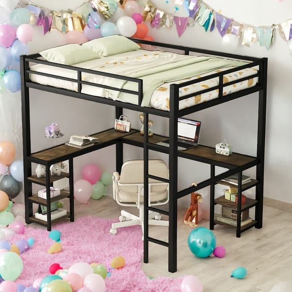 slide 2 of 9, Full Size Loft Bed with Desk and Shelves and Ladder and Guardrails for Home Black