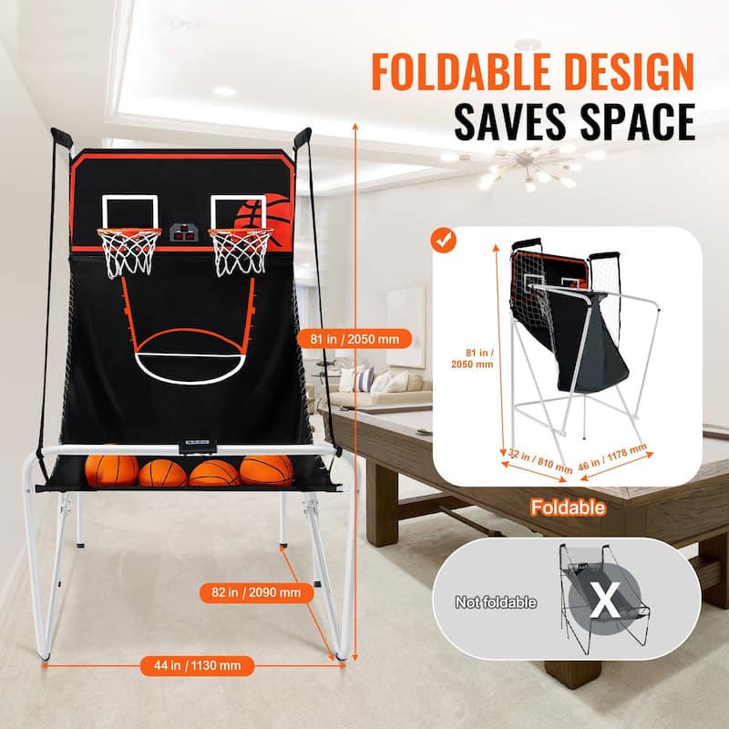 Black-White Steel Dual Hoop Basketball Arcade Game with 8 Games and Foldable Frame - 82” L x 44” W x 81” H
