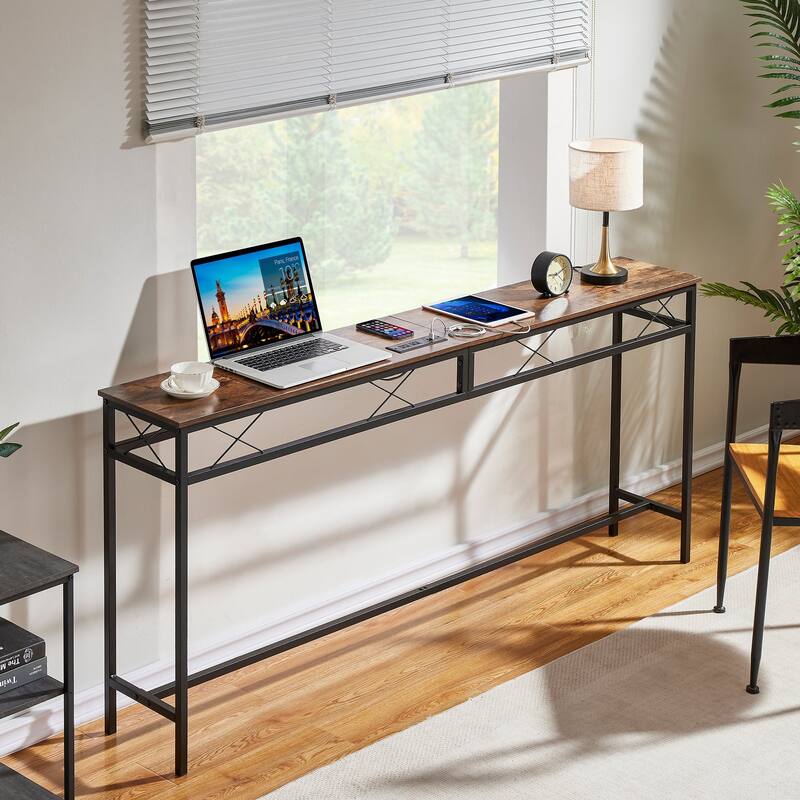 VECELO Industrial Rectangular Wood Console Table with AC Power and USB Charging Ports