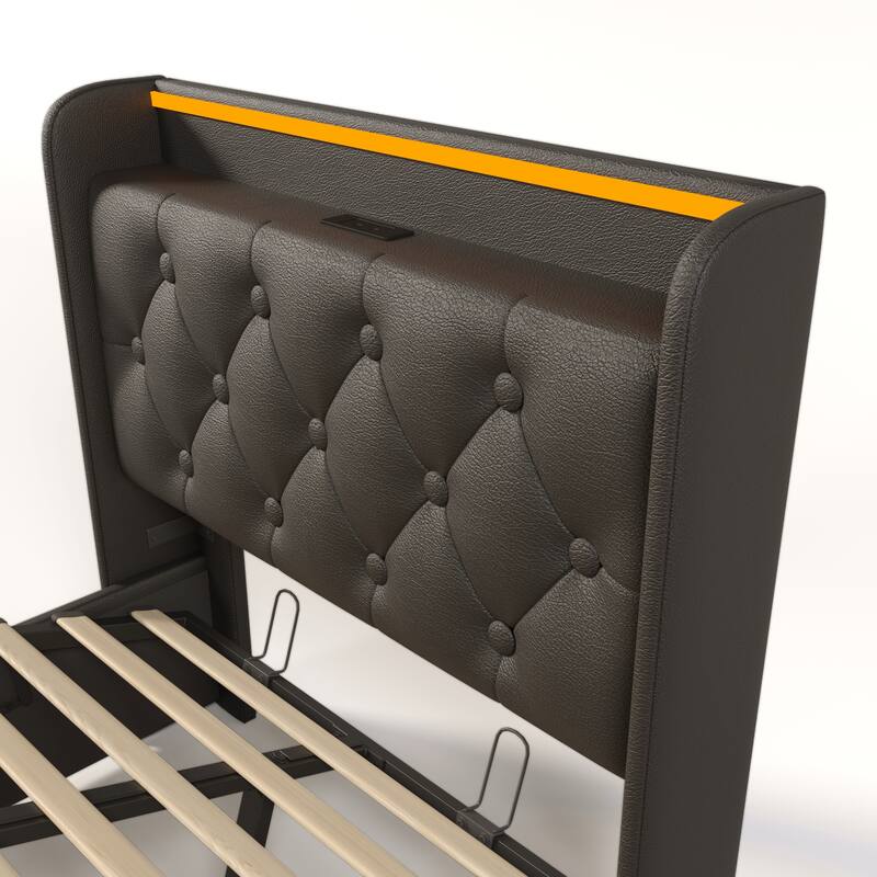 High Technology LED Storage Bed Platform Bed Upholstered Bed Frame with Tufted Design Headboard and USB Charging, Faux Leather