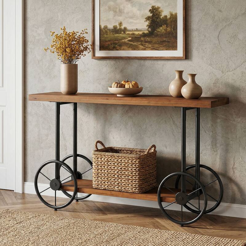 47.24-inch Solid Wood Industrial Entryway Console Table with Storage - 11.61" D x 47.24" W x 31.5" H